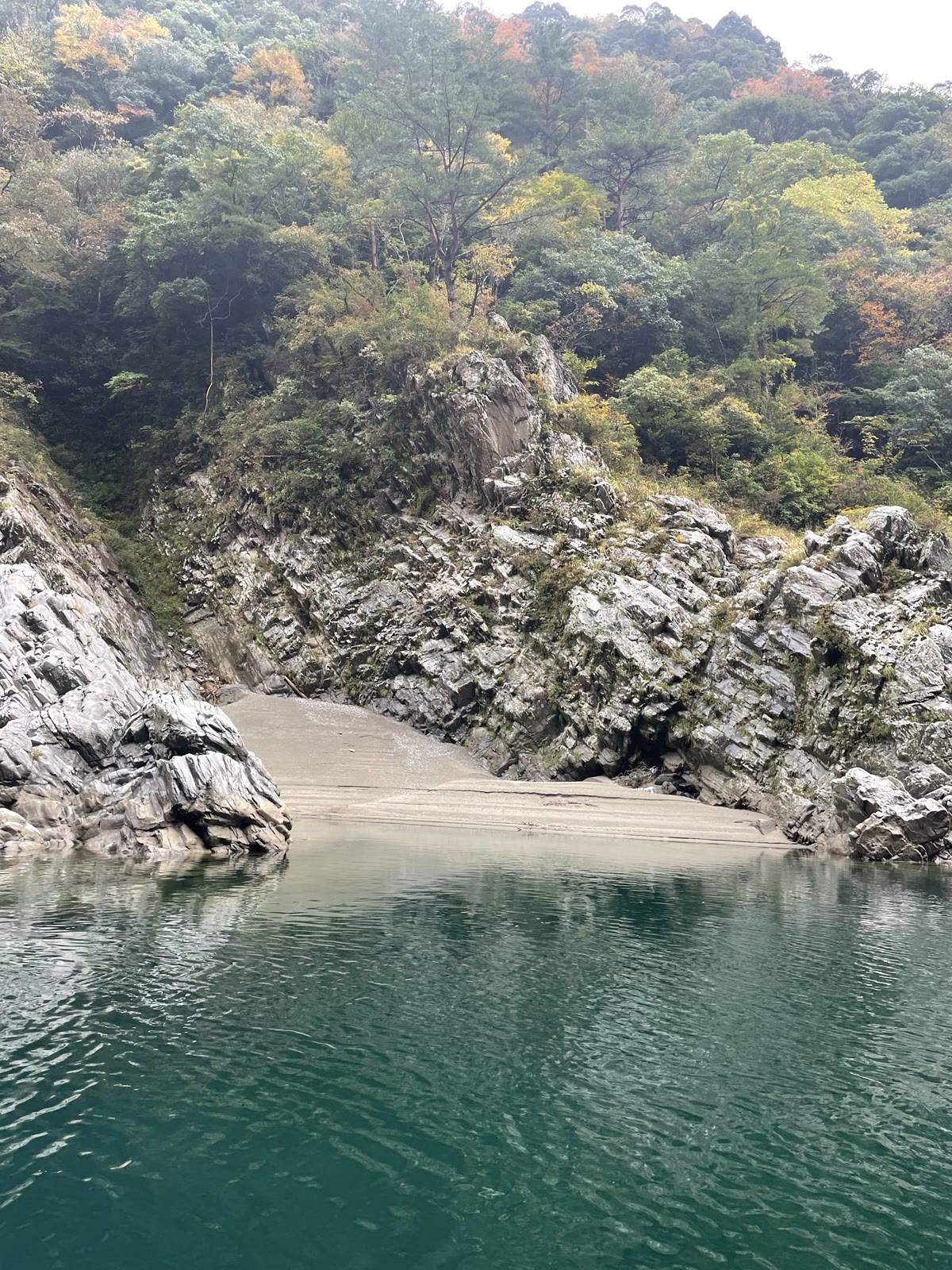 船から見た大歩危峡の岩肌と砂地、深い緑色の水面